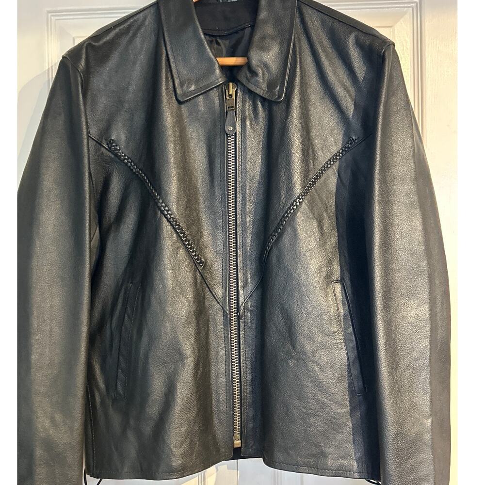 Braided Heavy Black Leather Biker Jacket